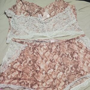 Victoria's Secret Pink Snake Print Lace Pajama Set Lingerie Xl New Nwt